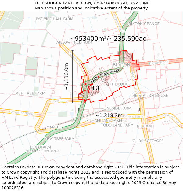 10, PADDOCK LANE, BLYTON, GAINSBOROUGH, DN21 3NF: Plot and title map