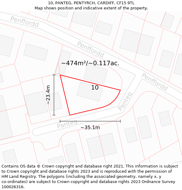 10, PANTEG, PENTYRCH, CARDIFF, CF15 9TL: Plot and title map