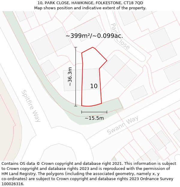 10, PARK CLOSE, HAWKINGE, FOLKESTONE, CT18 7QD: Plot and title map