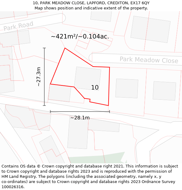 10, PARK MEADOW CLOSE, LAPFORD, CREDITON, EX17 6QY: Plot and title map