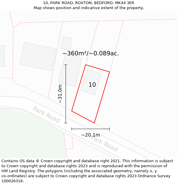10, PARK ROAD, ROXTON, BEDFORD, MK44 3ER: Plot and title map