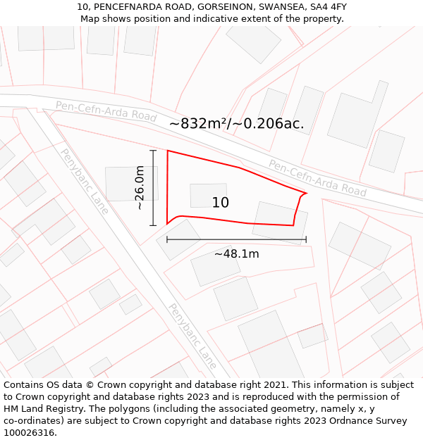 10, PENCEFNARDA ROAD, GORSEINON, SWANSEA, SA4 4FY: Plot and title map