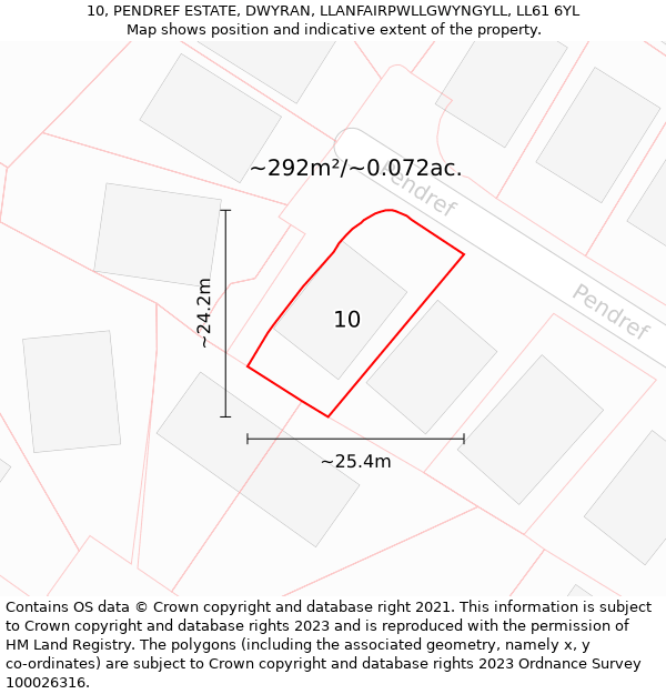 10, PENDREF ESTATE, DWYRAN, LLANFAIRPWLLGWYNGYLL, LL61 6YL: Plot and title map