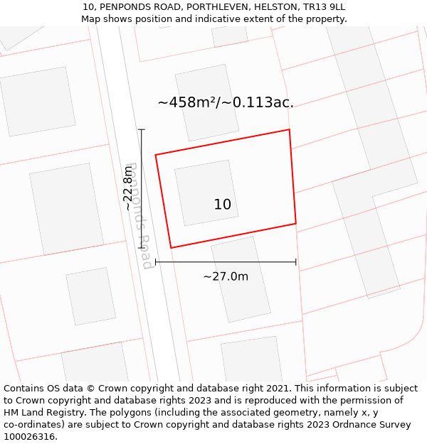 10, PENPONDS ROAD, PORTHLEVEN, HELSTON, TR13 9LL: Plot and title map