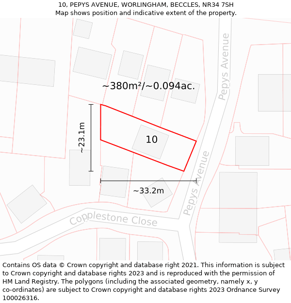 10, PEPYS AVENUE, WORLINGHAM, BECCLES, NR34 7SH: Plot and title map