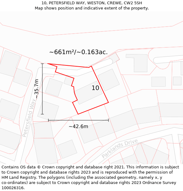 10, PETERSFIELD WAY, WESTON, CREWE, CW2 5SH: Plot and title map