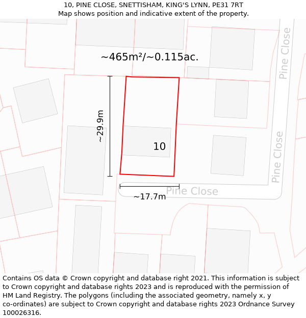 10, PINE CLOSE, SNETTISHAM, KING'S LYNN, PE31 7RT: Plot and title map