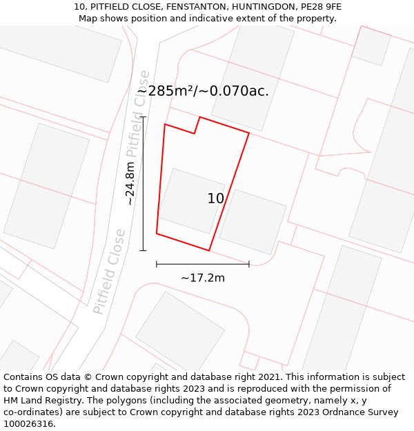 10, PITFIELD CLOSE, FENSTANTON, HUNTINGDON, PE28 9FE: Plot and title map