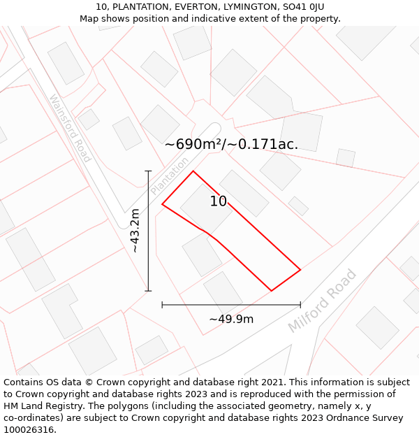 10, PLANTATION, EVERTON, LYMINGTON, SO41 0JU: Plot and title map