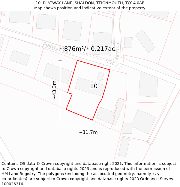 10, PLATWAY LANE, SHALDON, TEIGNMOUTH, TQ14 0AR: Plot and title map