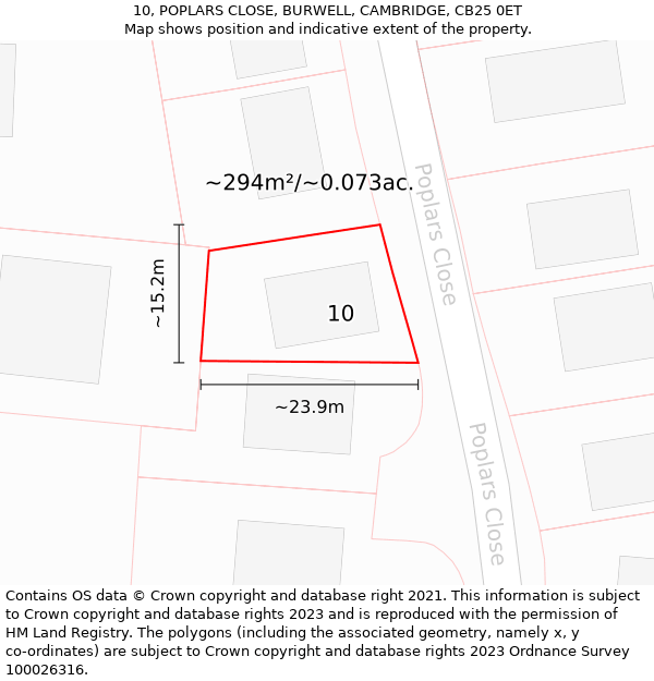 10, POPLARS CLOSE, BURWELL, CAMBRIDGE, CB25 0ET: Plot and title map