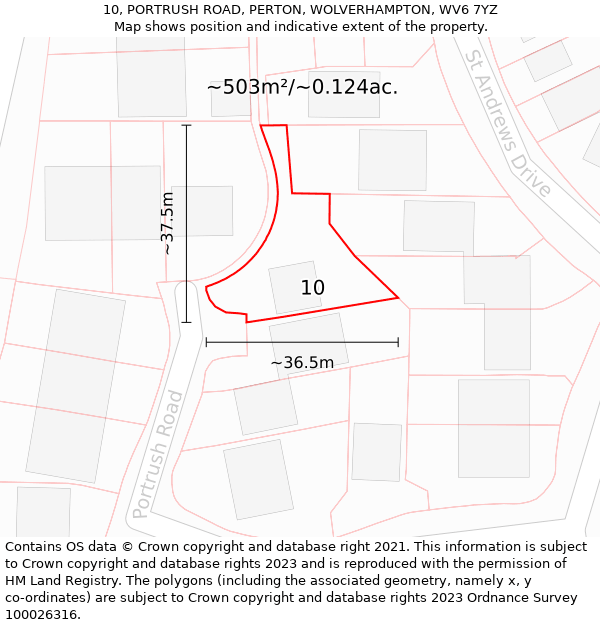 10, PORTRUSH ROAD, PERTON, WOLVERHAMPTON, WV6 7YZ: Plot and title map