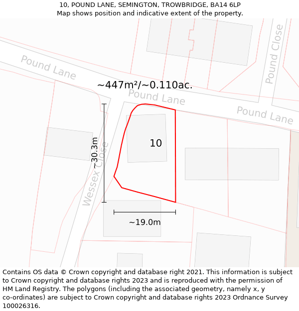 10, POUND LANE, SEMINGTON, TROWBRIDGE, BA14 6LP: Plot and title map