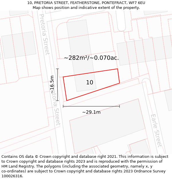 10, PRETORIA STREET, FEATHERSTONE, PONTEFRACT, WF7 6EU: Plot and title map