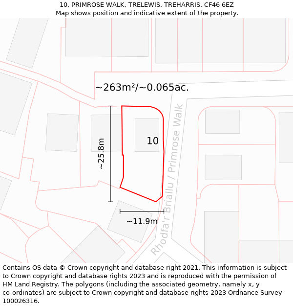 10, PRIMROSE WALK, TRELEWIS, TREHARRIS, CF46 6EZ: Plot and title map