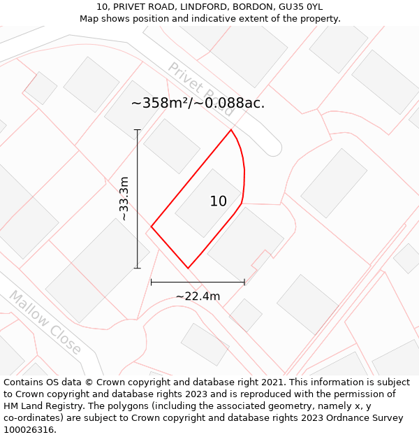 10, PRIVET ROAD, LINDFORD, BORDON, GU35 0YL: Plot and title map