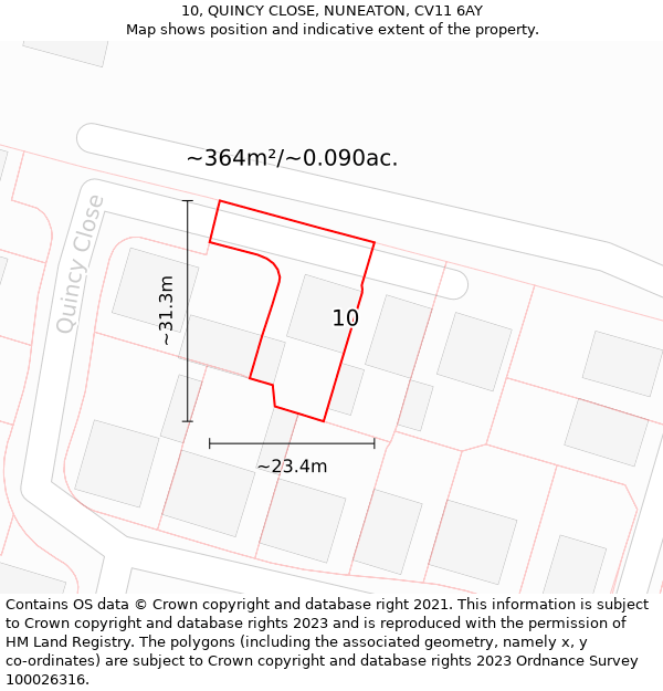 10, QUINCY CLOSE, NUNEATON, CV11 6AY: Plot and title map