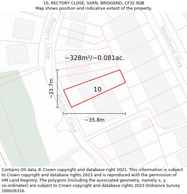 10, RECTORY CLOSE, SARN, BRIDGEND, CF32 9QB: Plot and title map