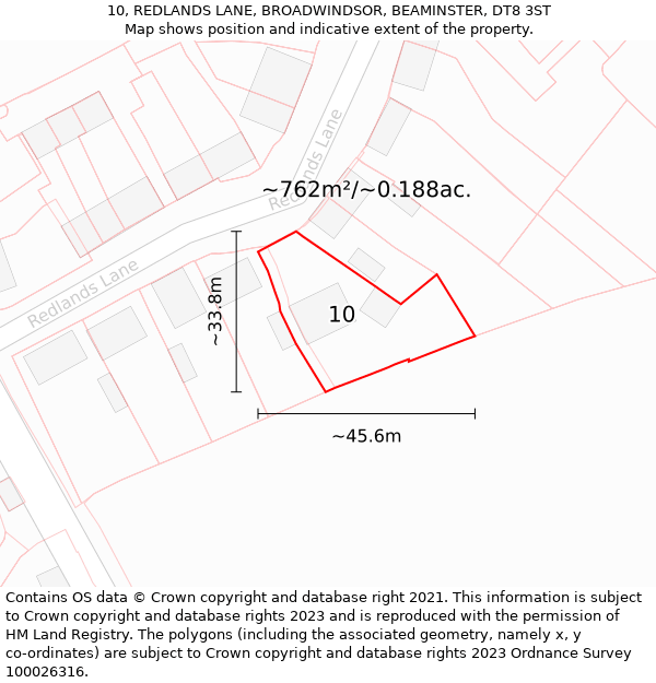 10, REDLANDS LANE, BROADWINDSOR, BEAMINSTER, DT8 3ST: Plot and title map