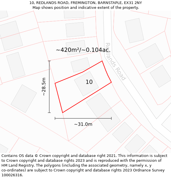 10, REDLANDS ROAD, FREMINGTON, BARNSTAPLE, EX31 2NY: Plot and title map