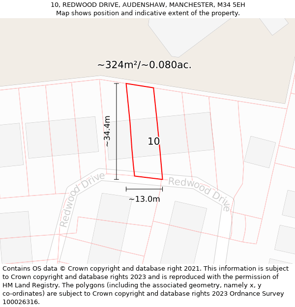 10, REDWOOD DRIVE, AUDENSHAW, MANCHESTER, M34 5EH: Plot and title map