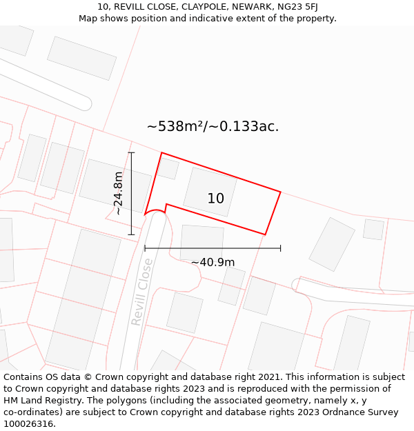 10, REVILL CLOSE, CLAYPOLE, NEWARK, NG23 5FJ: Plot and title map