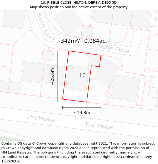 10, RIBBLE CLOSE, HILTON, DERBY, DE65 5JX: Plot and title map