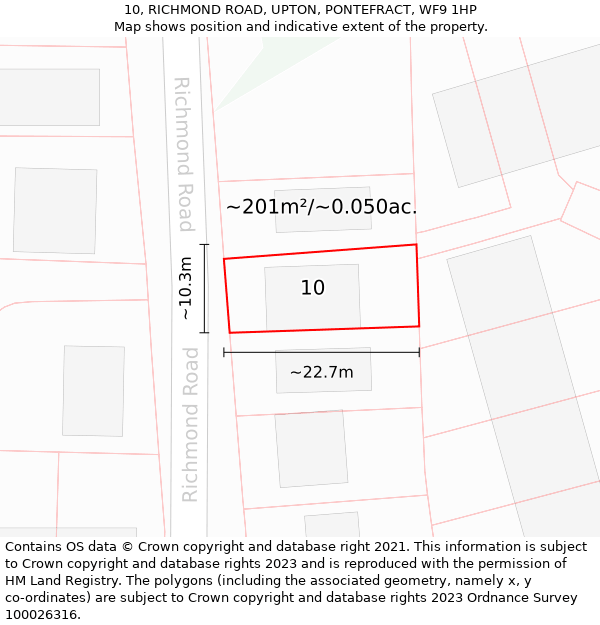 10, RICHMOND ROAD, UPTON, PONTEFRACT, WF9 1HP: Plot and title map