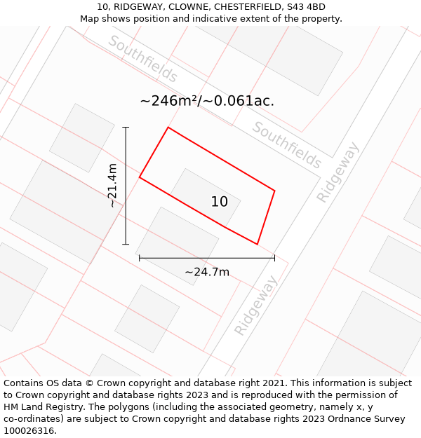 10, RIDGEWAY, CLOWNE, CHESTERFIELD, S43 4BD: Plot and title map