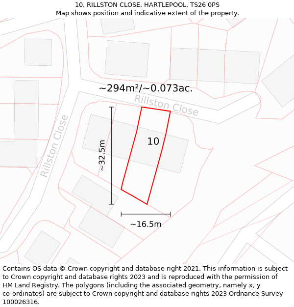 10, RILLSTON CLOSE, HARTLEPOOL, TS26 0PS: Plot and title map