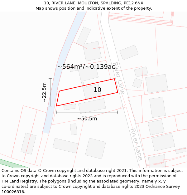 10, RIVER LANE, MOULTON, SPALDING, PE12 6NX: Plot and title map