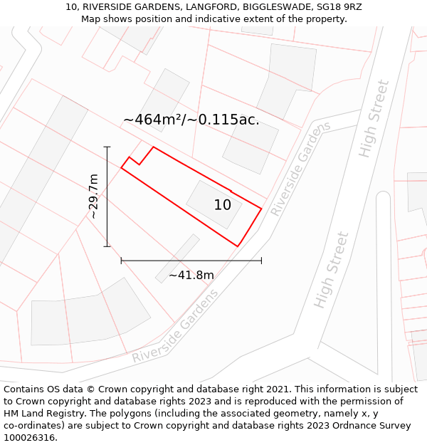 10, RIVERSIDE GARDENS, LANGFORD, BIGGLESWADE, SG18 9RZ: Plot and title map