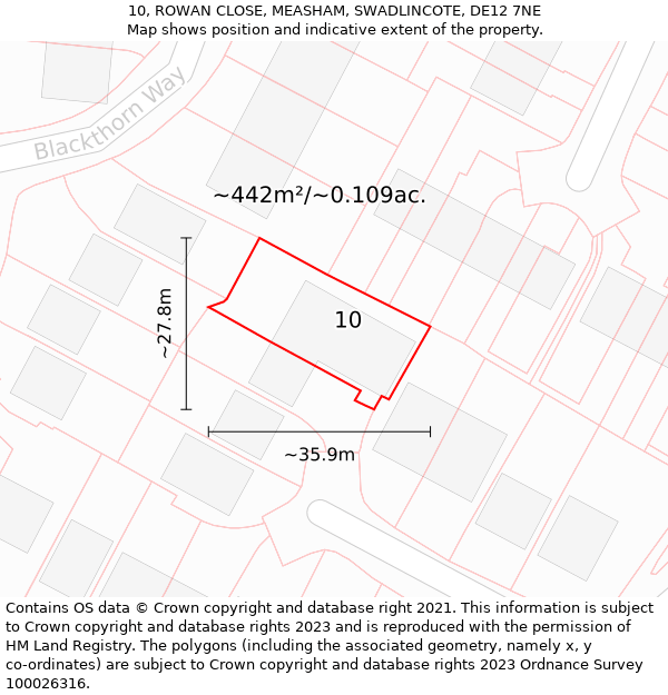 10, ROWAN CLOSE, MEASHAM, SWADLINCOTE, DE12 7NE: Plot and title map