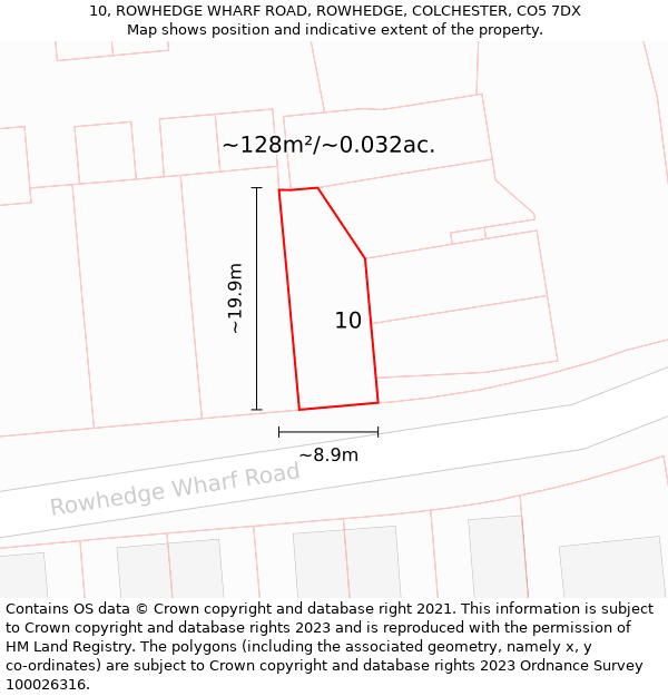 10, ROWHEDGE WHARF ROAD, ROWHEDGE, COLCHESTER, CO5 7DX: Plot and title map