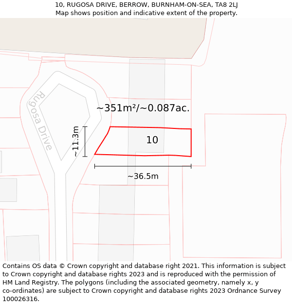 10, RUGOSA DRIVE, BERROW, BURNHAM-ON-SEA, TA8 2LJ: Plot and title map