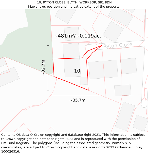 10, RYTON CLOSE, BLYTH, WORKSOP, S81 8DN: Plot and title map