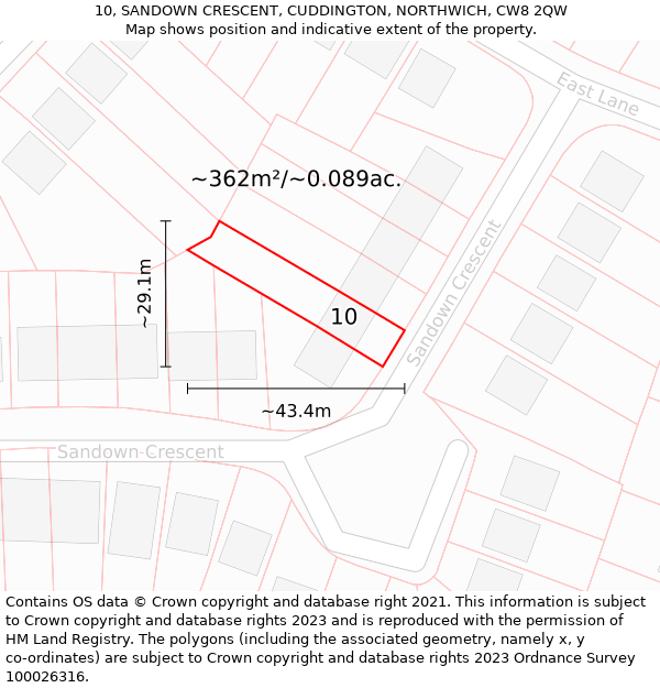 10, SANDOWN CRESCENT, CUDDINGTON, NORTHWICH, CW8 2QW: Plot and title map