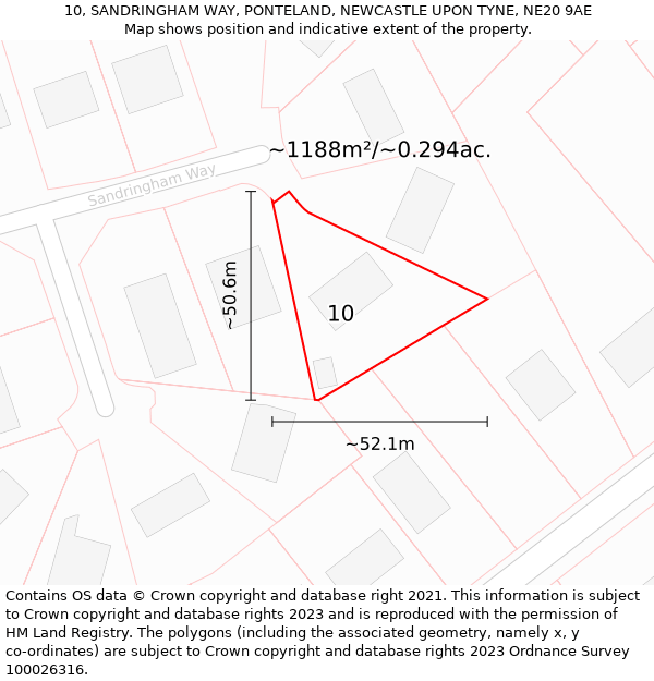 10, SANDRINGHAM WAY, PONTELAND, NEWCASTLE UPON TYNE, NE20 9AE: Plot and title map