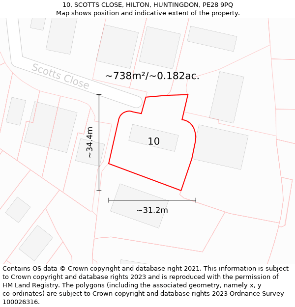 10, SCOTTS CLOSE, HILTON, HUNTINGDON, PE28 9PQ: Plot and title map