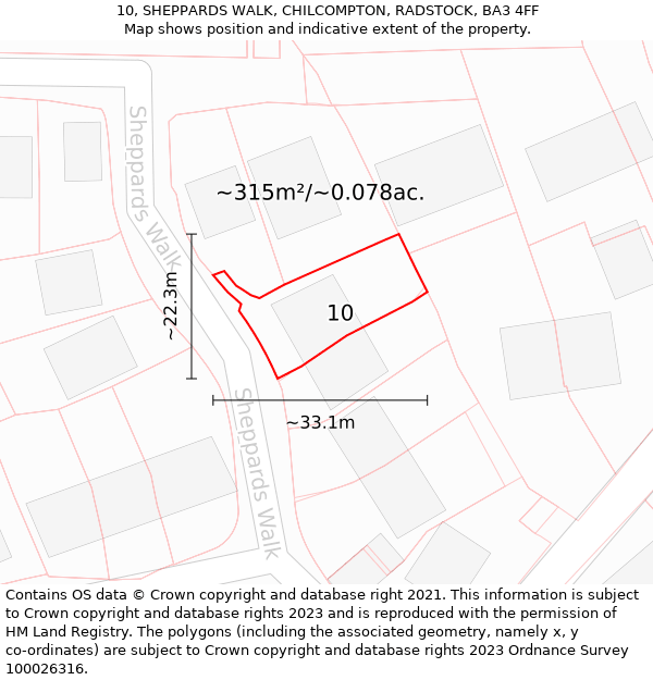 10, SHEPPARDS WALK, CHILCOMPTON, RADSTOCK, BA3 4FF: Plot and title map