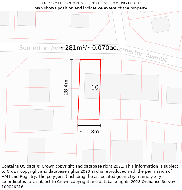 10, SOMERTON AVENUE, NOTTINGHAM, NG11 7FD: Plot and title map