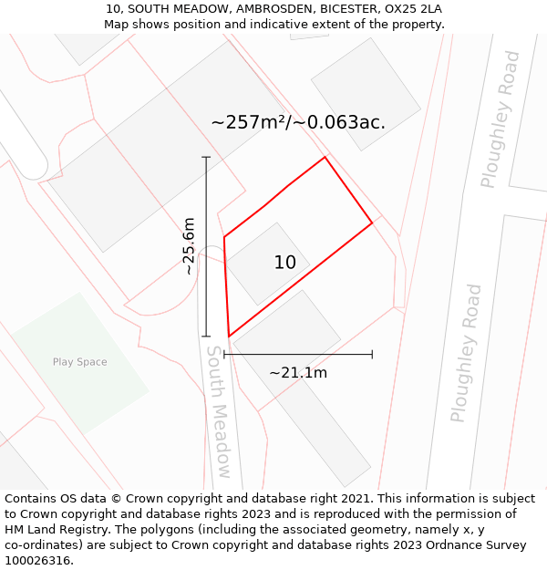 10, SOUTH MEADOW, AMBROSDEN, BICESTER, OX25 2LA: Plot and title map