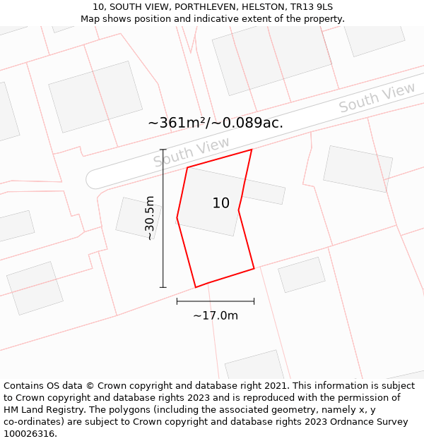 10, SOUTH VIEW, PORTHLEVEN, HELSTON, TR13 9LS: Plot and title map