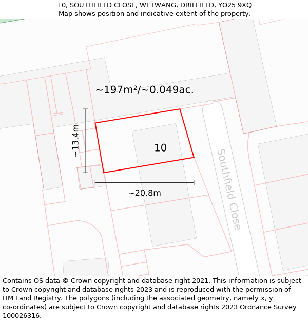 10, SOUTHFIELD CLOSE, WETWANG, DRIFFIELD, YO25 9XQ: Plot and title map