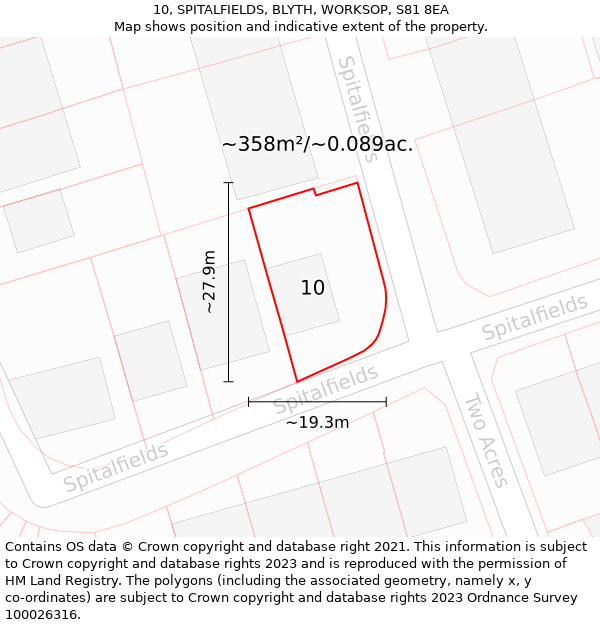 10, SPITALFIELDS, BLYTH, WORKSOP, S81 8EA: Plot and title map