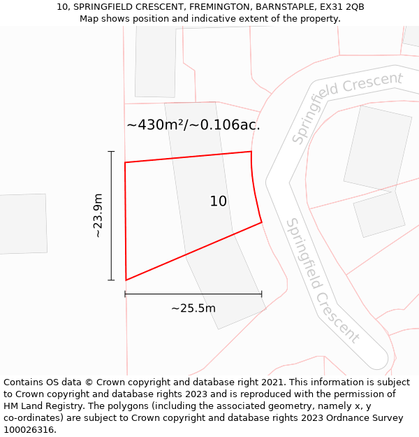 10, SPRINGFIELD CRESCENT, FREMINGTON, BARNSTAPLE, EX31 2QB: Plot and title map