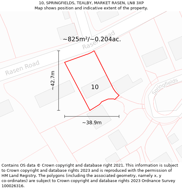 10, SPRINGFIELDS, TEALBY, MARKET RASEN, LN8 3XP: Plot and title map