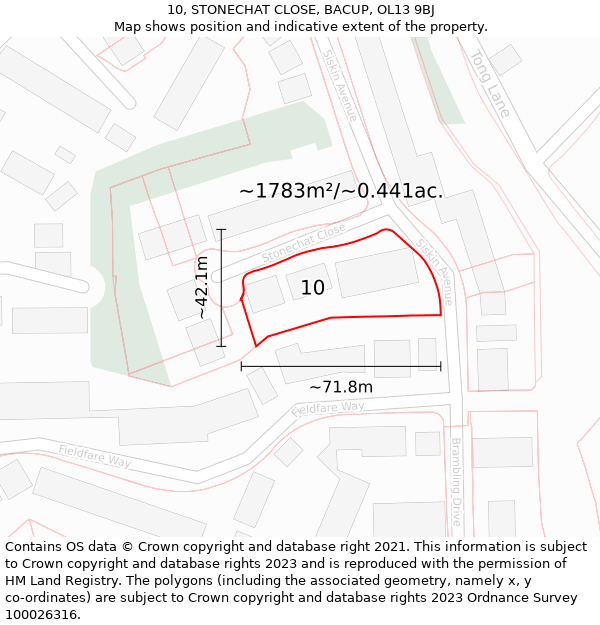 10, STONECHAT CLOSE, BACUP, OL13 9BJ: Plot and title map