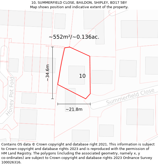 10, SUMMERFIELD CLOSE, BAILDON, SHIPLEY, BD17 5BY: Plot and title map