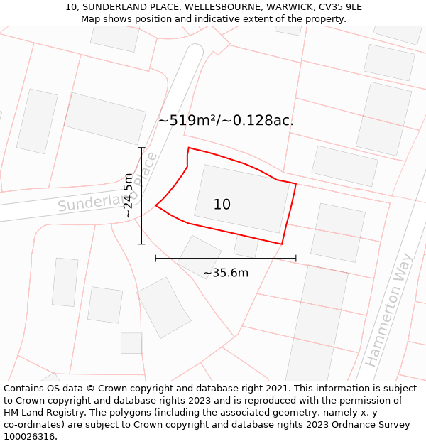 10, SUNDERLAND PLACE, WELLESBOURNE, WARWICK, CV35 9LE: Plot and title map